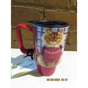 LANG CERAMIC TRAVEL MUG NEW SQUEAKY'S CHRISTMAS KITTY CAT SNOWMAN HOLIDAY RED